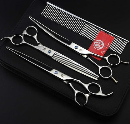 Purple Dragon 8.0 inch Dog Hair Cutting, Curved and Thinning Scissor Shears Pet Grooming Tool Kit