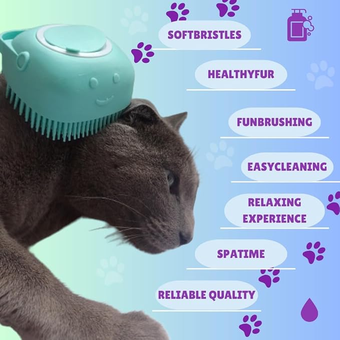 Dog Cat Bath Brush with Shampoo or Soap Dispenser, useful for Grooming, Washing and Massaging your Pet with Soft silicone Rubber Bristles