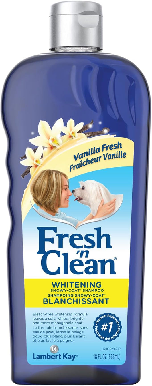PetAg Fresh ’n Clean Whitening Snowy-Coat Shampoo, Vanilla Scent - 18 oz - Bleach-Free Formula to Correct Yellow Discoloration - Strengthens & Moisturizes Coats - Soap Free