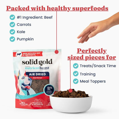 Solid Gold Air Dried Dog Food Toppers for Picky Eaters - Healthy Dog Treats Made with Real Beef to Serve as Meal Topper or Dog Treat - Supports Muscle Growth, Immunity, and Healthy Digestion - 4 oz