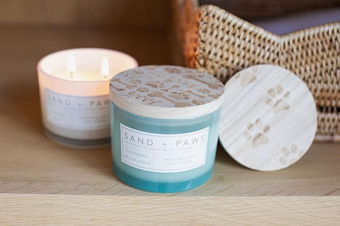 Sand + Paws Scented Candle -California Beach House –Luxurious Air Freshening Jar Candles Neutralize pet Odors and Enhance Home décor – 100% Cotton Lead-Free Wicks - 12oz