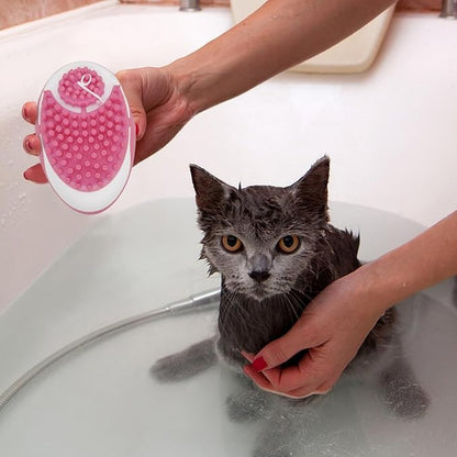 WishLotus Pet Bath Brush, Puppy Massage Brush with Shampoo Dispenser Pet Grooming Tool for Small Animals Soft Silicone Dog Shower Brush for Long Short Haired Dog and Cat Washing (Pink)