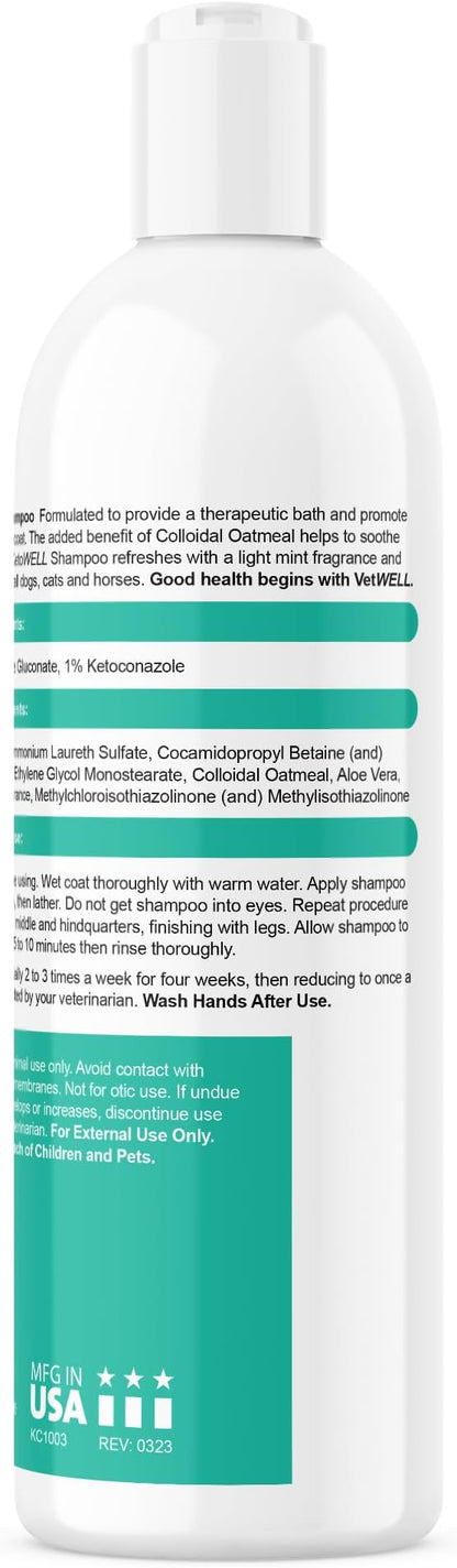 VetWELL Shampoo for Dogs Cats & Horses - Topical Shampoo with Oatmeal & Aloe -12oz Mint Scent