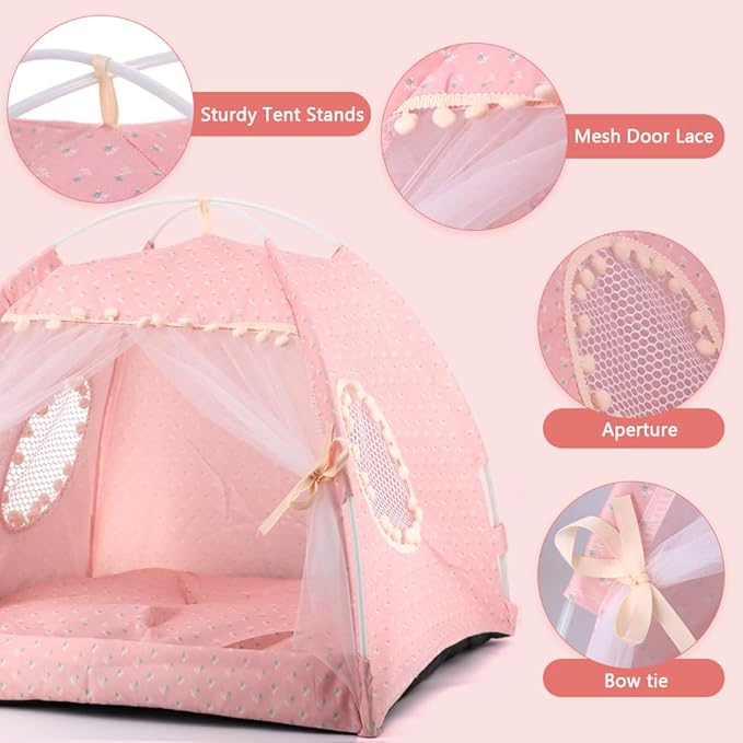 pawstrip Dog Tent Indoor Cat House Pink Puppy Bed Portable Pet Teepe Princess Dog Camping Tent Outdoor Kitten Houses Cute Bunny Nest Girl Kitty Cave (M, Light Pink)