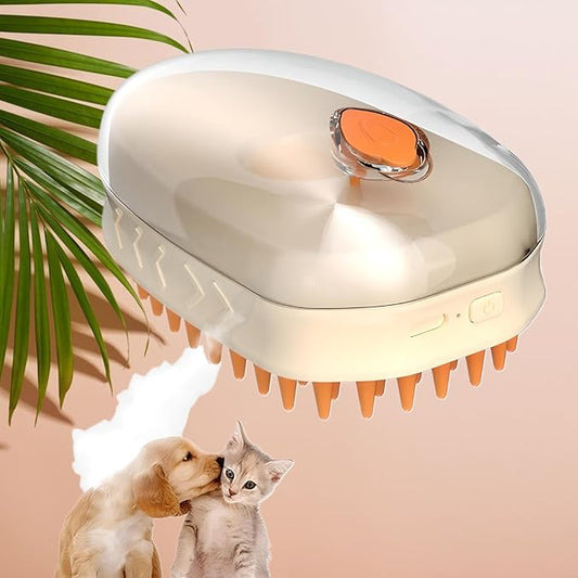 4-in-1 Pet Steam Brush: Deshedding, Vibrating, LED Lights, Steaming, and Massaging Grooming Tool for Cats, Dogs, and Small Animals, Bisque