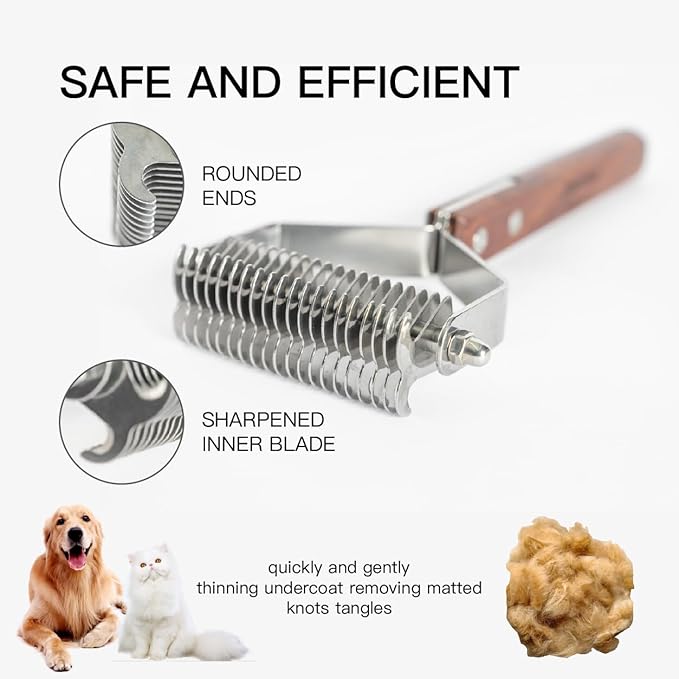 Pet Dematting Rake with 2 Sided Professional Pet Grooming Rake for Dogs and Cats 20-Blades Deshedding Detangle Thinning Undercoat Comb and Face Comb Kit with Wooden Handle