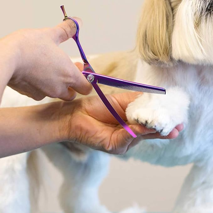 PURPLEBIRD 7 Inch Downward Curved Dog Grooming Scissors Thinning Texturizing Shears Professional Safety Blunt Tip Trimming Shearing for Dogs Cats Face Paws Limbs Japanese Stainless Steel Purple