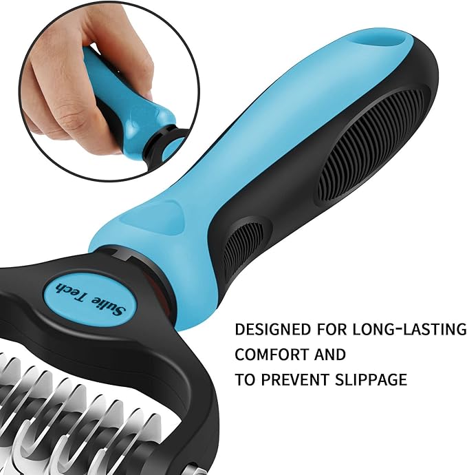 Pet Grooming Brush, Dematting Undercoat Rake Comb, Double Sided Shedding, to Remove Mats, Knots and Tangles Gently (Blue)