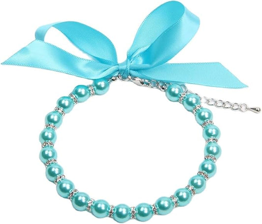 Dog Cat Pearls Necklace Collar with Bling Accessories and Ribbon Bow Pet Puppy Jewelry for Female Dogs Cats Small Medium (L, Blue)
