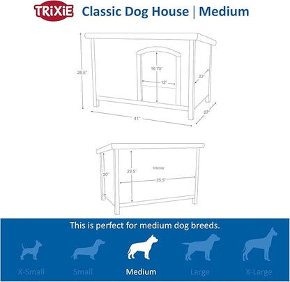 Trixie Natura Classic Dog House– Outdoor Dog House for Medium Dogs with Weatherproof Sealer & Hinged Roof, Wooden Dog House with Adjustable Legs for Medium Dogs in Grey – 27 x 41 x 28.5 in