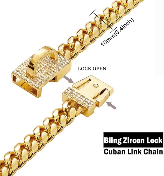 Cute Strong Gold Chain Dog Collar with Bling Clasp & Tag Pendant,18K Gold Plated Cuban Link Dog Collar,Dog Necklace Walking Collar for Puppy Small Dogs(12 Inches)