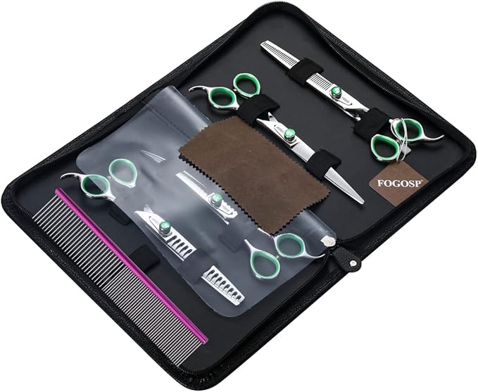 Professional Dog Grooming Scissors Kit 8 in Curved Thinning Straight Chunker Shears and Comb 5pcs Set for Grooming Big Dogs Poodle Pet Japan 440C Stainless Steel