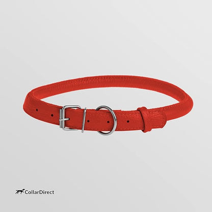 CollarDirect Rolled Leather Dog Collar, Soft Padded Round Puppy Collar, Handmade Genuine Leather Collar Dog Small Large Cat Collars 13 Colors (13-16 Inch, Red Textured)