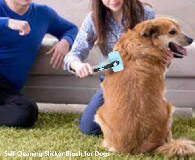 Self Cleaning Slicker Brush for Dogs Cats Deshedding Brush Removes Loose Fur Dogs Brush for Shedding Grooming Brushes for Long Short Haired Pets (Blue)