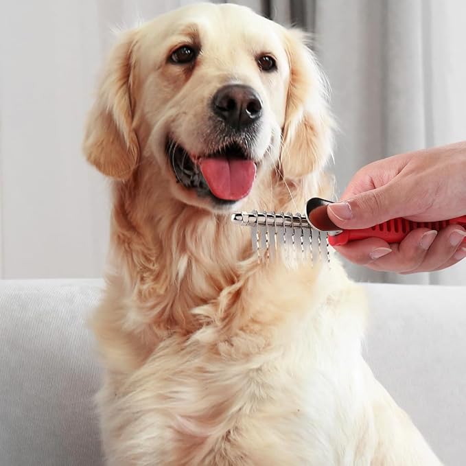 QUMY Dog Comb for Dematting, Stainless Steel Pet Grooming Comb, Removes Dead, Matted or Knotted Hair, Finishing and Fluffing, Comfort-Grip Handle - Pack of 1