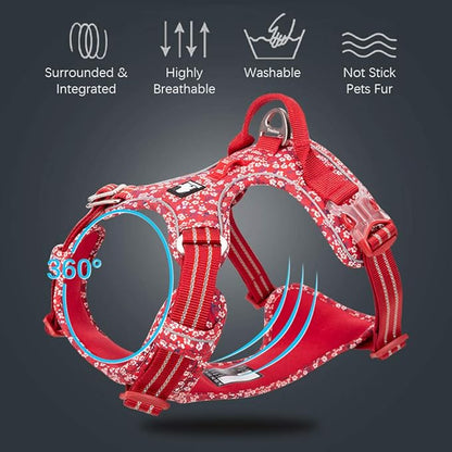 La La Pet® Floral No Pull Dog Harness Reflective Dog Vest Harness with Front & Back 2 Leash Clips and Easy Control Handle for Small Medium Large Dogs 3 Snap Buckles Easy to Put On & Take Off