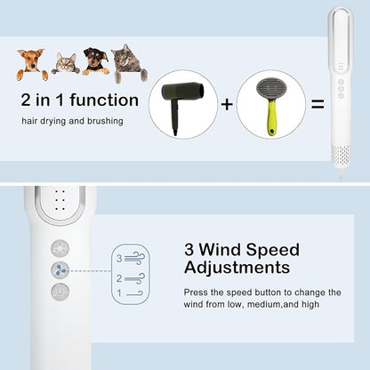Pet Hair Dryer and Brush 2 in 1 - High and Low Temperature 3 Wind Speed Adjustment, 102000rpm Speed 800W Power Portable and Quiet for Small Medium Cats and Dogs Grooming Hair (TH201)