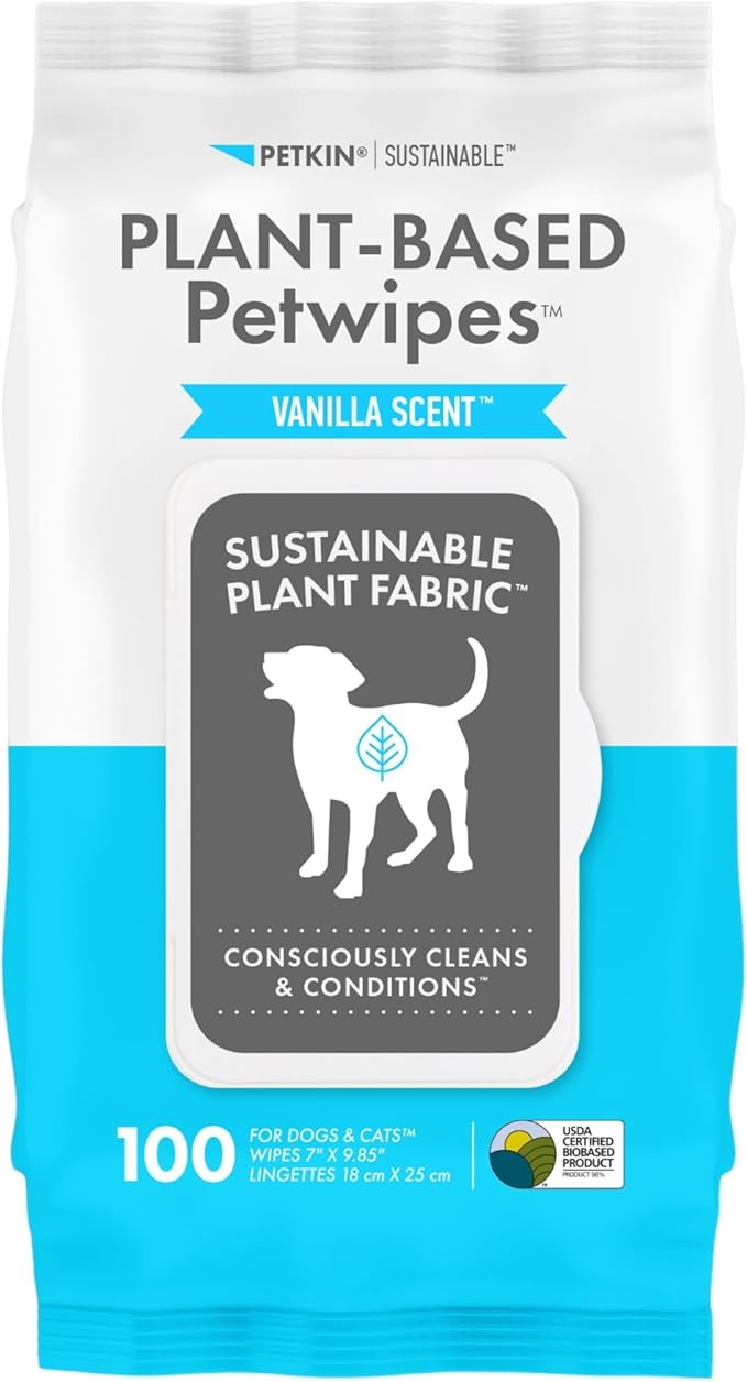 Petkin Plant-Based PetWipes, 100 Wipes - Biobased, Sustainable, Big & Thick Pet Wipes for Dogs & Cats - for Face, Paws, Ears, Body & Eye Area - Consciously Cleans & Conditions - Vanilla