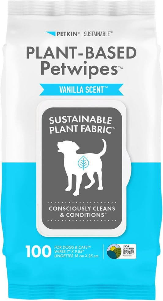 Petkin Plant-Based PetWipes, 100 Wipes - Biobased, Sustainable, Big & Thick Pet Wipes for Dogs & Cats - for Face, Paws, Ears, Body & Eye Area - Consciously Cleans & Conditions - Vanilla