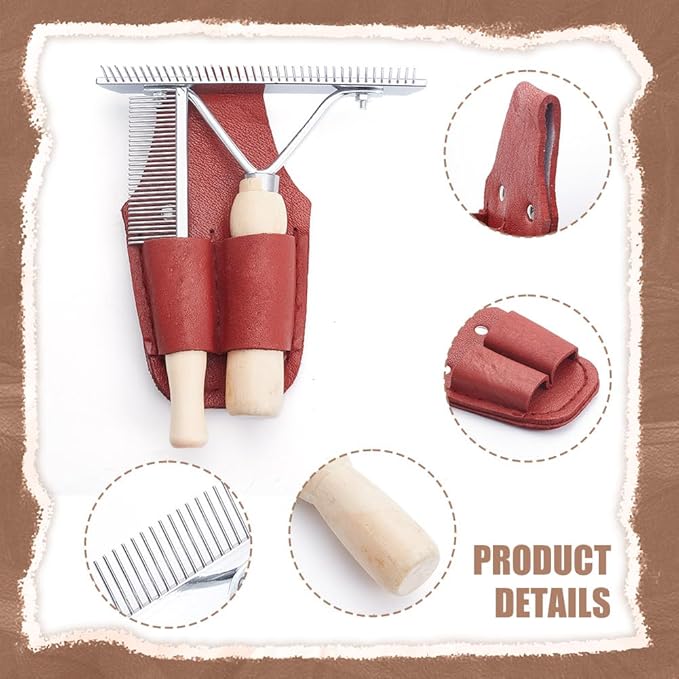 OLYCRAFT 2 Pcs Wooden Handle Grooming Comb with 1 Pc Leather Show Comb Holder Metal Tassel Combs Single-Sided Pet Comb Pet Grooming Comb for Removing Tangles and Knots Grooming Tool