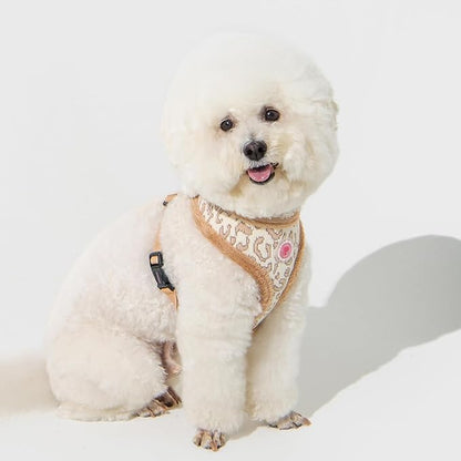 Pinkaholic New York Tailsy Dog Harness Over-The-Head Warm Winter Leopard Pattern Adjustable Chest for Small Dog, Beige, Large