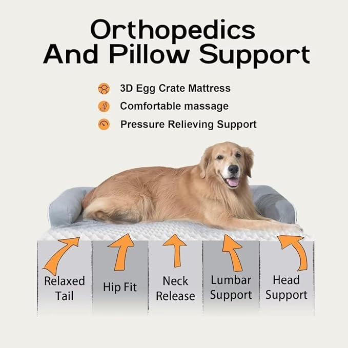 Large Dog Bed Orthopedic Washable, Medium Large XXXLarge Dogs, Orthopedic Grey Dog Bed with Waterproof Cover and Removable Egg Foam, Couch Bed Bolster