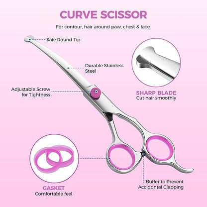 Maxshop Dog Grooming Scissors with Safety Round Tips, Heavy Duty Titanium Pet Grooming Trimmer Kit, Professional Thinning Shears, Curved Scissors with Comb for Dogs and Cats (Pink Set of 3)