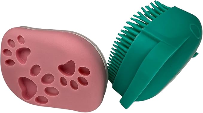 Dog Bath Brush - Pet Grooming Brush with Soap Dispenser - Soft Silicone Dog Shampoo Brush Scrubber - Short Long Haired Dogs and Cats Washing - PINK & GREEN 2 Count