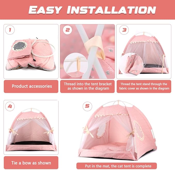 pawstrip Dog Tent Indoor Cat House Pink Puppy Bed Portable Pet Teepe Princess Dog Camping Tent Outdoor Kitten Houses Cute Bunny Nest Girl Kitty Cave (S, Light Pink)