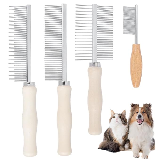 OLYCRAFT 4Pcs 4 Styles Wood Pet Combs Stainless Steel Pet Combs with Wood Handle Grooming Tool for Pets Macrame Fringe Combs Tassel Brush Pet Grooming Supplies for Pet Removing Tangles and Knots