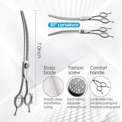 7.0'' Curved Chunkers Shears for Dog Grooming Professional Magic Dog Grooming Scissors with Big Artificial Diamonds 30 Teeth for Large Dog(7.0 in, Curved Chunkers)