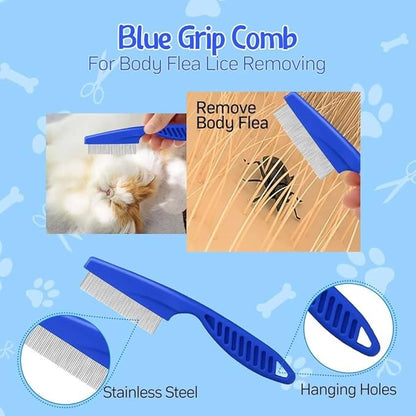 Pet Grooming Comb Kit - Flea Combs for Dog and Cat, 5Pcs Lice Combs and Tear Stain Remover Comb with Stainless Steel Teeth, Professional Pet Grooming Tool with Portable Bag for Removing Knots & Tangle