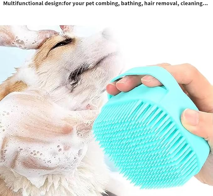 Pet Bath Massage Brush with Soap Dispenser, Soft Silicone Grooming Tool for Dogs Cats