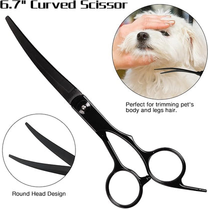 Premium Dog Grooming Scissors with Safety Round Tips, 6 in 1 Dog Grooming Scissors Kit, 4CR Stainless Steel Premium Pet Grooming Shears for Dog, Sharp and Durable, Black