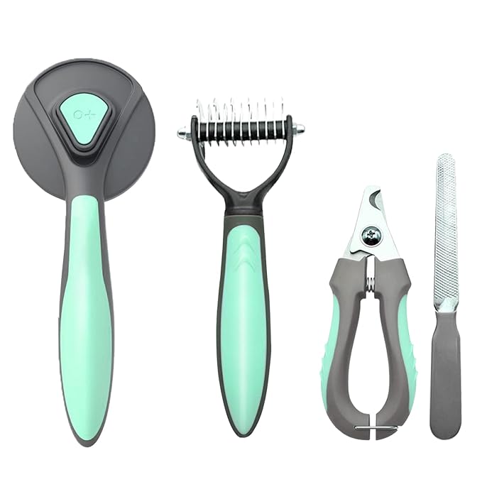 Pet Deshedding Brush Set, Undercoat Rake for Dogs & Cats - Double Sided Brush for Shedding and Dematting Comb Grooming Tool kit - Nail Clippers & Nail File Kit (4Pack)