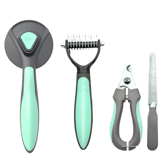 Pet Deshedding Brush Set, Undercoat Rake for Dogs & Cats - Double Sided Brush for Shedding and Dematting Comb Grooming Tool kit - Nail Clippers & Nail File Kit (4Pack)