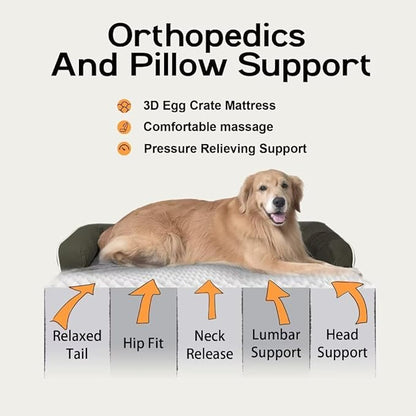 Large Dog Bed Orthopedic Washable - XXL Large Big Dogs - Waterproof with Removable Cover - Memory Foam - Beds Bolster Pet - Dog Couch Sofa Bed - Dark Green Dog Bed