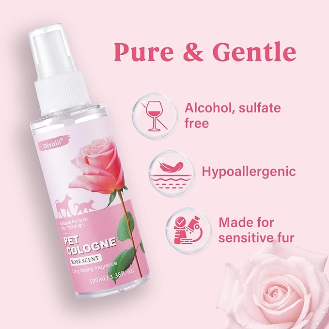 Natural Pet Cologne | Perfume For Dogs & Cats Premium Grooming Spray Long-Lasting Rose Scent Deodorizing Conditioning & Odor-Eliminating for All Coat Types