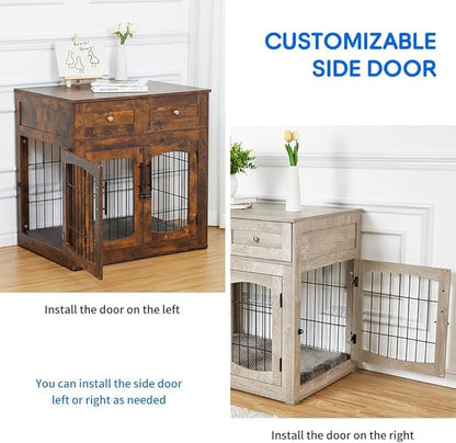 Dog Crate Furniture with Cushion,Wooden Dog Kennels Indoor with 2 Drawers,Dog Furniture Crate End Table with Storage