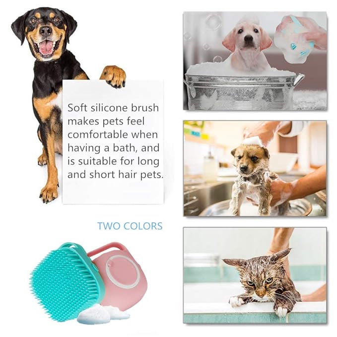 Portable Dog Bath Brush - Pet Massage Brush Shampoo Dispenser Soft Silicone Brush Rubber Bristle for Dogs and Cats Shower Grooming (Blue)