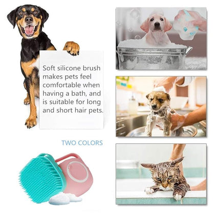 Portable Dog Bath Brush - Pet Massage Brush Shampoo Dispenser Soft Silicone Brush Rubber Bristle for Dogs and Cats Shower Grooming (Blue)