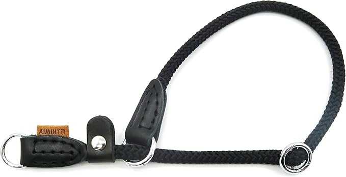 Braided Rope Collar, Training Dog Collar, Round Martingale Collar, Slip Collar with Adjustable Stopper and Slidable Stop Ring - Ideal for Small Dogs (S(1/4") - 14" Long, Black)