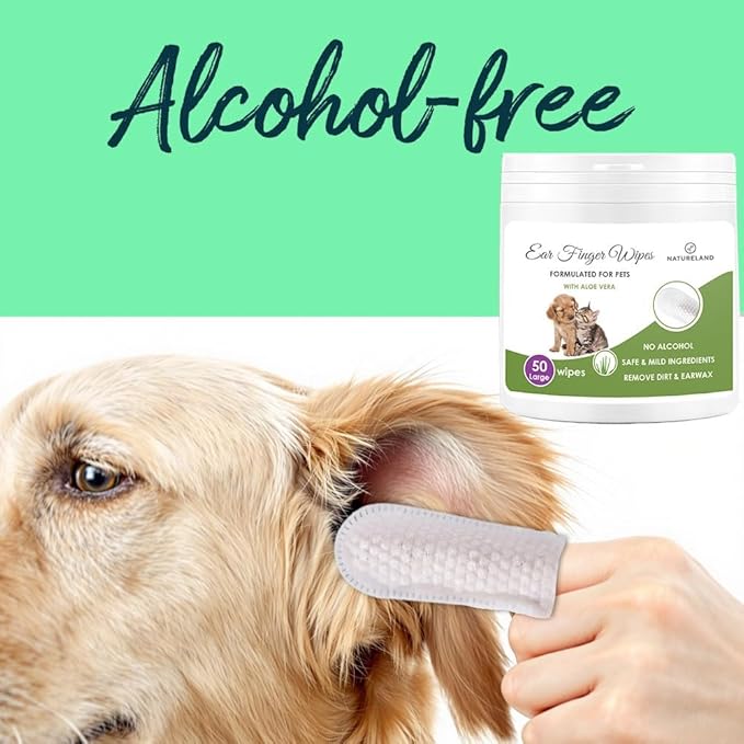 Natureland [Large Size Finger Wipes] Dog & Cat Ear Finger Wipes - Otic Cleaning Wipes for Infections and Controlling Ear Infections and Ear Odor in Pets (50 Large)