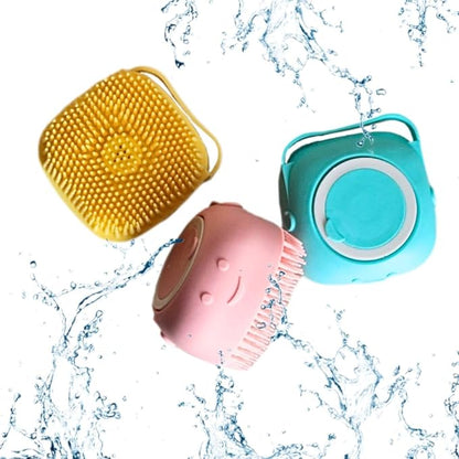 Silicone Pet Bath Brush with Shampoo Dispenser - For Dogs, Cats, and Puppies - Aquamarine Color