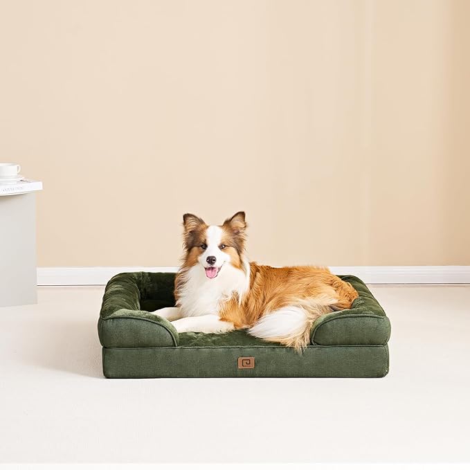 EHEYCIGA Orthopedic Dog Bed for Medium Dogs, Waterproof Memory Foam Medium Dog Beds with Sides, Non-Slip Bottom and Egg-Crate Foam Medium Dog Couch Bed with Washable Removable Cover, Dark Green