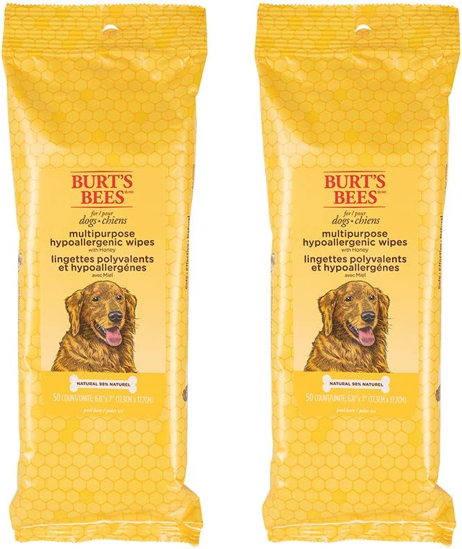 Burt's Bees for Pets Multipurpose Dog Wipes with with Honey, 2pk, 98% Natural Origin Formulas, Hypoallergenic Dog Wipes Cleaning, Dog Cleaning Wipes, Dog Wipes for Paws and Butt, 2pk, 50ct
