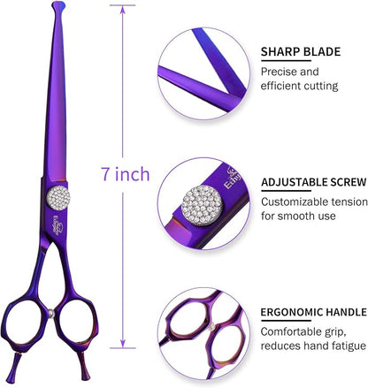 7" Straight Dog Grooming Scissors, Professional Pet Trimming Shears for Dogs and Cats, 440C Stainless Steel with Round Tips & Sharp Blades, Comfortable Grip for Groomers