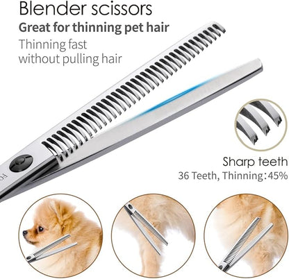 Dog Grooming Scissors Kit 4pcs 7 inch Professional Dog Grooming Shears Set Curved Thinning Straight Chunkers for Dogs Cat Pets (7 in Kit, Gold)