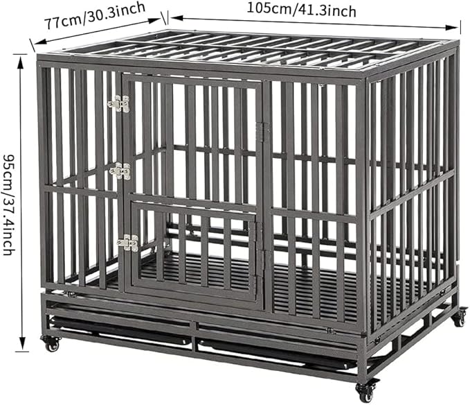 KELIXU 42” Heavy Duty Dog Crate Large Dog Cage Metal Dog Kennels and Crates for Large Dogs Indoor Outdoor with Locks, Lockable Wheels and Removable Tray, Easy to Install, Black