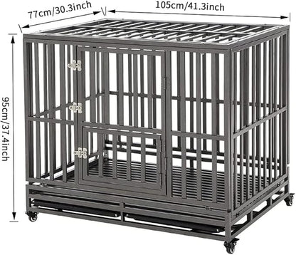 KELIXU 42” Heavy Duty Dog Crate Large Dog Cage Metal Dog Kennels and Crates for Large Dogs Indoor Outdoor with Locks, Lockable Wheels and Removable Tray, Easy to Install, Black